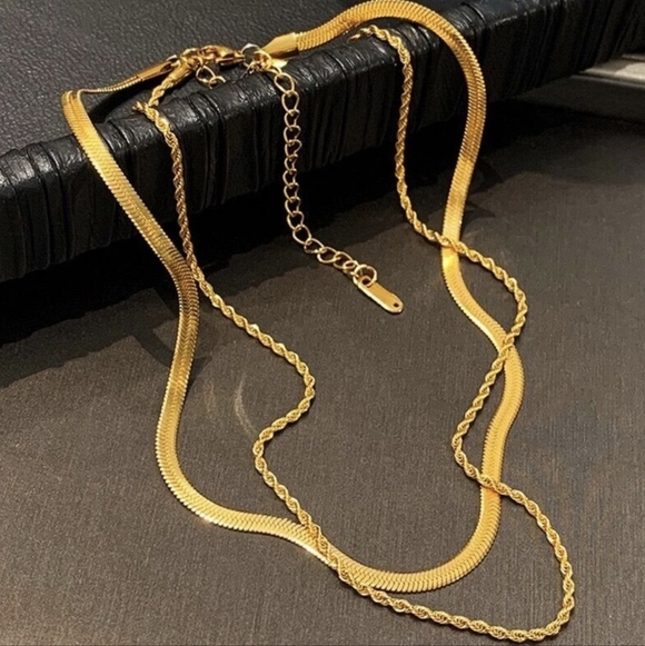 13 NWOT Stainless Steel 18k Double Gold Plated 2 Layer Flat Snake Rope Necklace - Picture 3 of 3